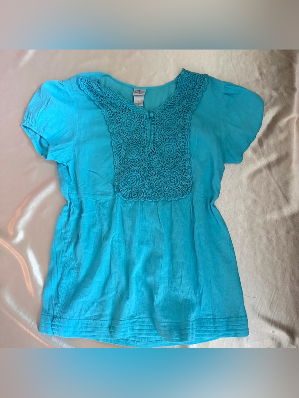 Butterfly Women Bright Blue Crochet Trimmed Cotton Short Sleeve Blouse Sz.M Y2k - Picture 3 of 9